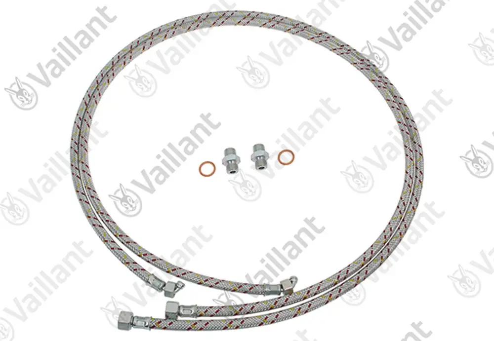 Vaillant Schlauch-Set mit zwei flexiblen Schlauchleitungen, jeweils mit Anschlussstücken und Dichtungsringe für die Installation.